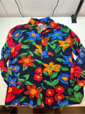 Pink Ripple Vintage Style Floral Button Down Shirt M/L Navy Cotton